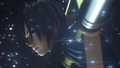 Xion pointing her Keyblade at Roxas in the opening.