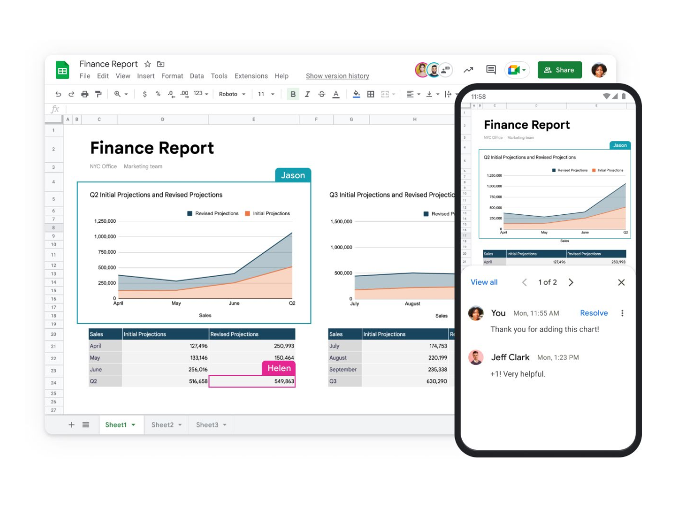 Foglio Google intitolato "Report finanziario" mostrato sullo schermo di un laptop e di un dispositivo mobile. 