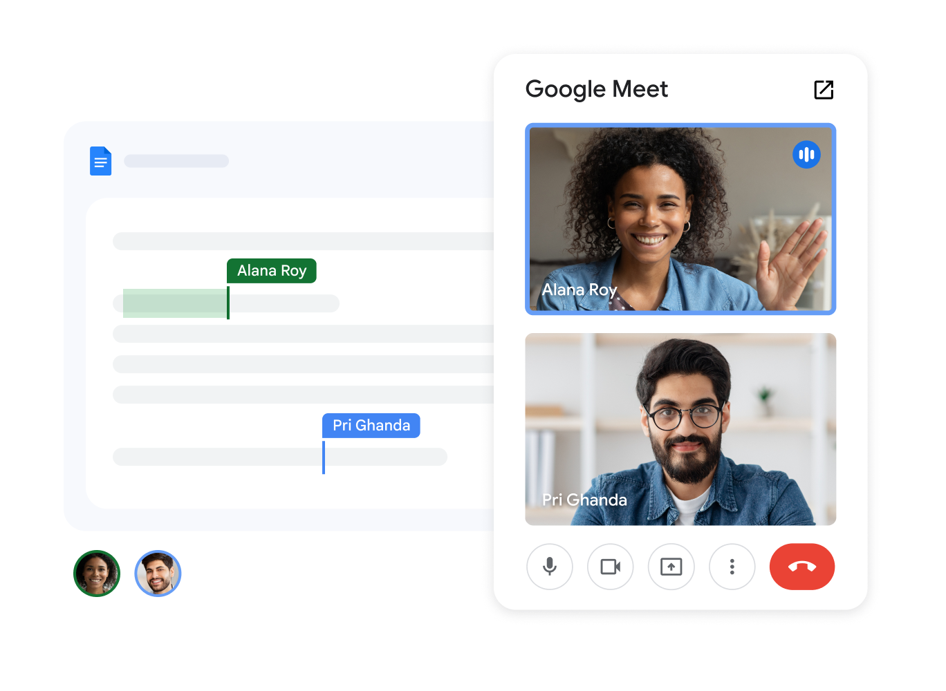 两名团队成员在 Google 文档中进行 Meet 通话