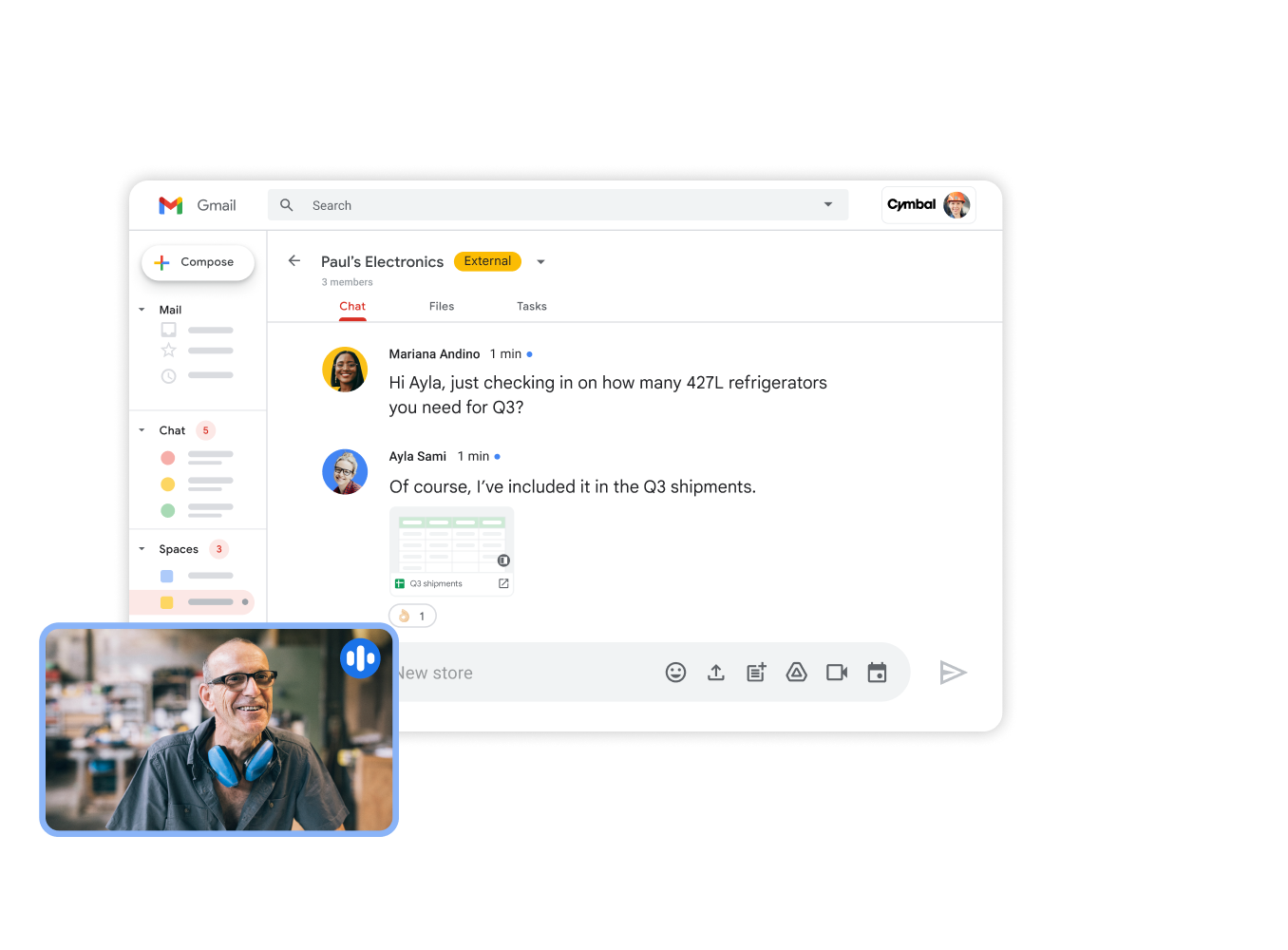 Google Workspace 인터페이스 그래픽: Gmail 및 Meet에서의 공동작업