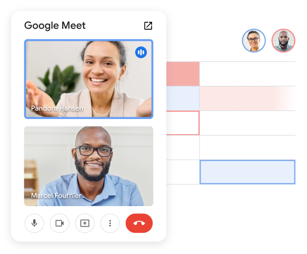 Deux membres d'une équipe participant à un appel Meet dans Sheets