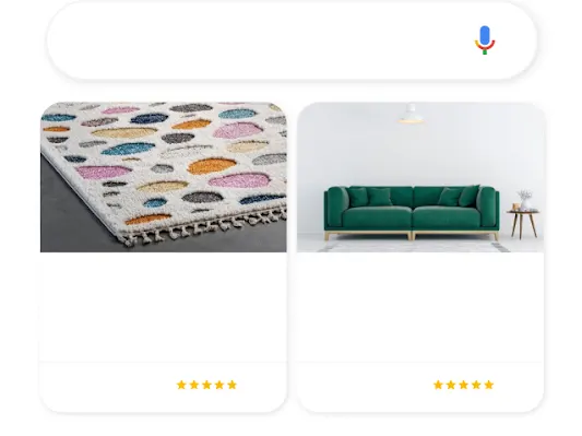 Ilustrație cu un telefon care arată un termen de căutare Google pentru decorațiuni interioare, care are ca rezultat două anunțuri relevante pentru Cumpărături.