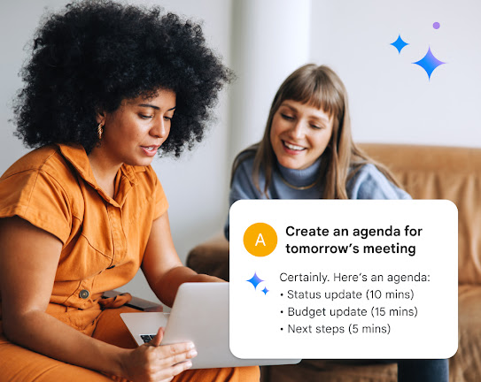 Two people sit in front of a laptop. An overlay shows they are using AI to create an agenda for tomorrow's meeting.