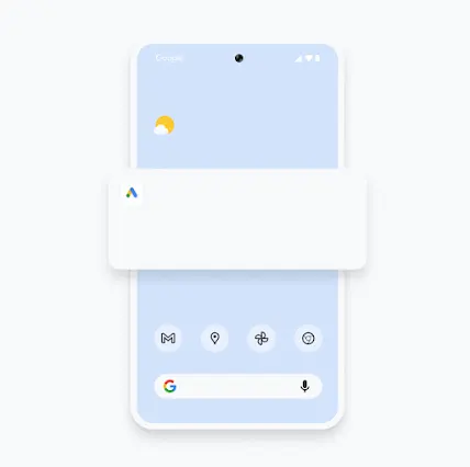 Illustration af en telefon, der viser en notifikation i Google Ads-mobilappen vedrørende en ændring i optimeringsresultatet.