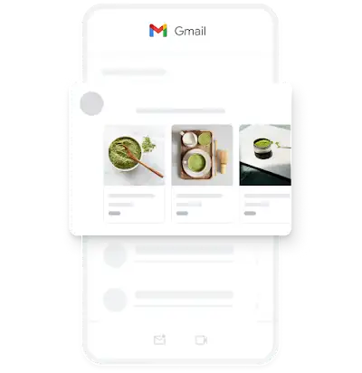 Gmail uygulamasında, çeşitli organik maça çayı resimlerinin gösterildiği, mobil Talep Yaratma reklamı örneği.