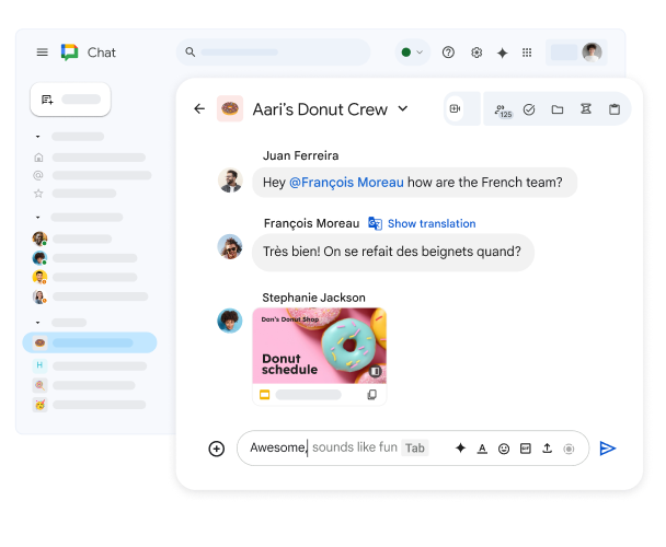 Ein Bereich in Google Chat mit dem Titel „Aari's Donut Crew“ mit einer gemeinsam genutzten Google-Präsentation und einer Nachricht auf Französisch sowie der Option, eine Übersetzung anzeigen zu lassen