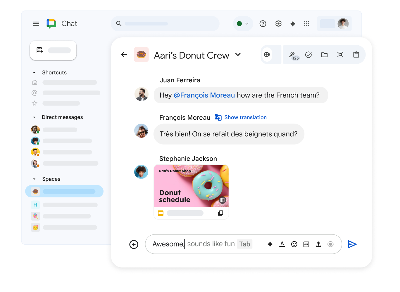 Paylaşılan bir Google Slaytlar sunusunun ve çeviri seçeneğiyle birlikte Fransızca bir mesajın gösterildiği "Dan's Donut Crew" başlıklı Google Chat alanı