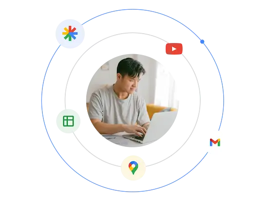Muškarac na prijenosnom računalu s ilustracijom ekosustava različitih Google Ads formata