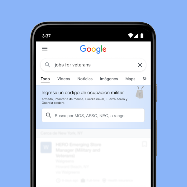 Un teléfono móvil mostrando la barra de búsqueda de Google con la función para encontrar trabajos con un código de ocupación militar
