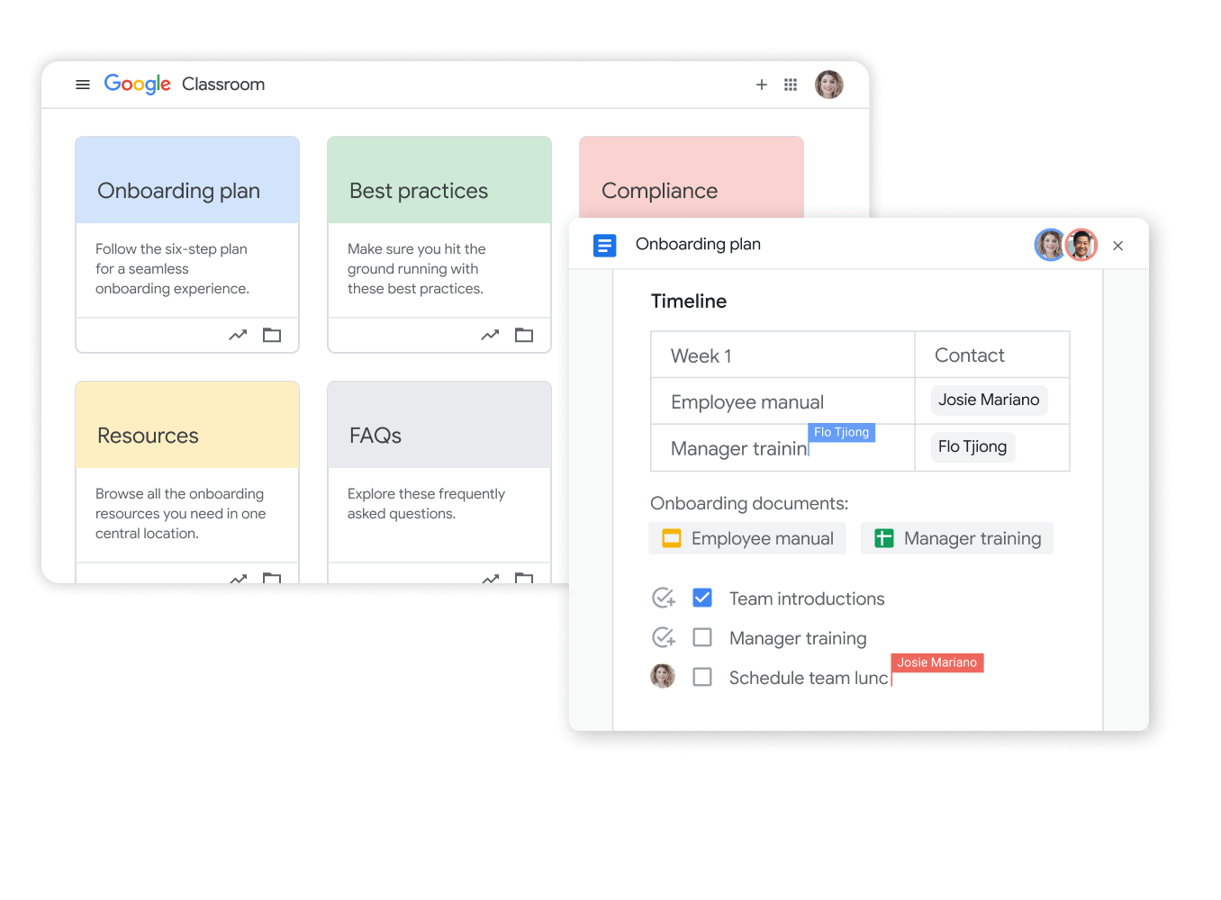 Illustration av Google Workspace-gränssnitt – samarbete via Drive och Dokument för utbildningsplan