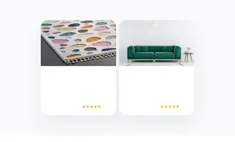 Kaksi rinnakkaista Shopping-mainosta, joista toisessa mainostetaan mattoa ja toisessa sohvaa