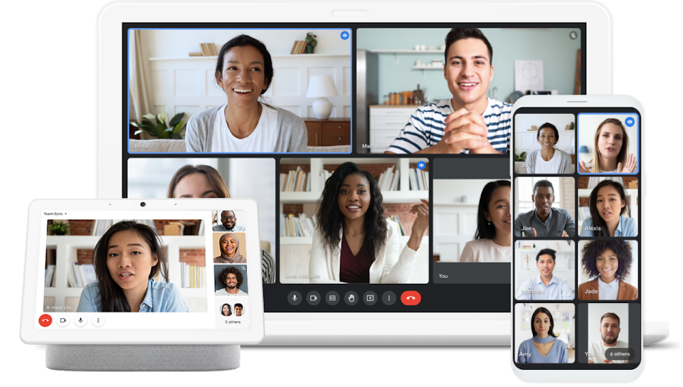 A laptop, a Google Home and a Pixel phone all showing video conferencing with Google Meet and Duo