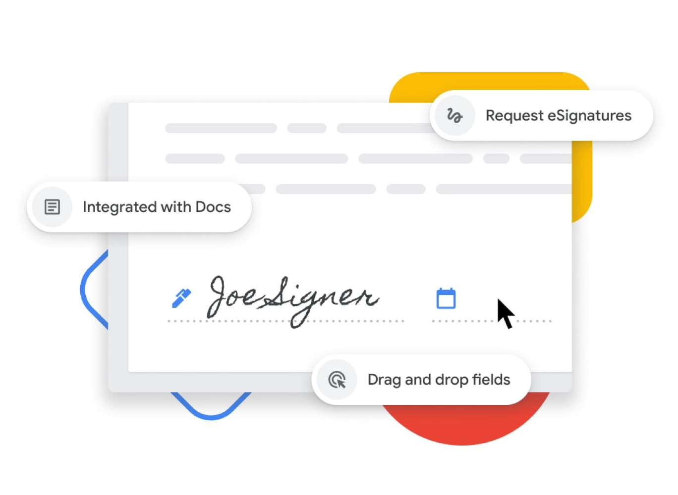 Representación gráfica de la función de firma electrónica que permite a los usuarios arrastrar y soltar campos de nombre y fecha para integrarlos en Documentos de Google. 