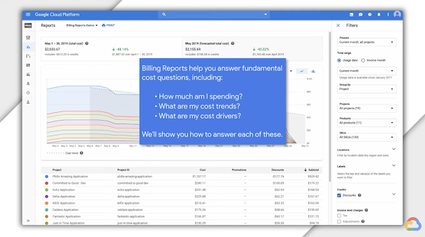 计算机显示器视频中的静态图片，左上角显示 Google Cloud Platform 结算报告演示，中心边衬区则显示“结算报告可帮助您回答基本的费用问题，包括我支出了多少费用？我的费用趋势如何？我的费用驱动因素是什么？我们将介绍如何回答以上每个问题”