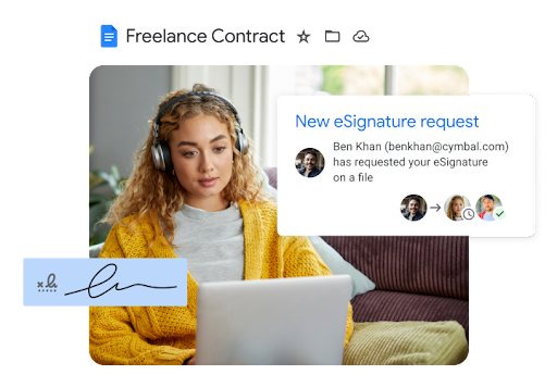 A freelancer working on their laptop receiving a new eSignature request.