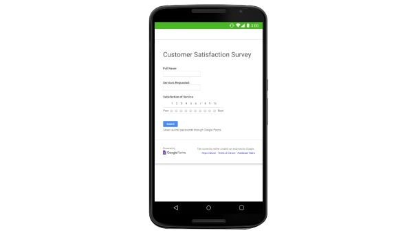 UI ของ Google ฟอร์ม แสดง "Customer Satisfaction Survey" และมีช่องให้ป้อนคำตอบ 