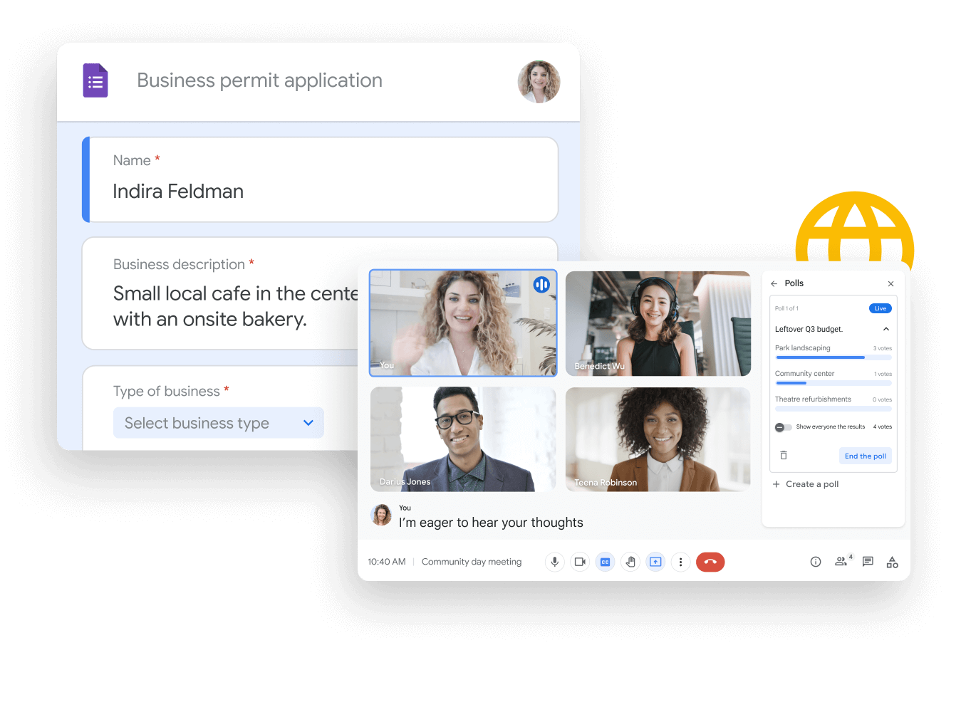 Workspace のイメージ図 - チームが Google Chat でシームレスに Google スプレッドシートを共有、編集