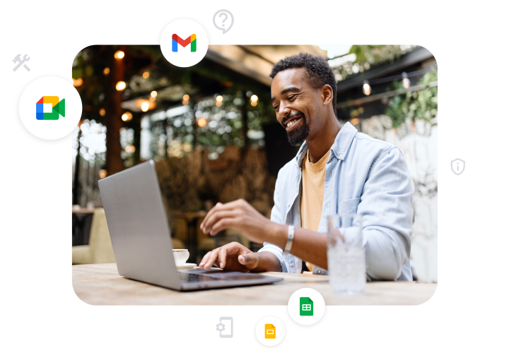 Grafische voorstelling van een Google Workspace-klant met een laptop waarop iconen van Google Meet, Gmail, Slides en Sheets te zien zijn. 