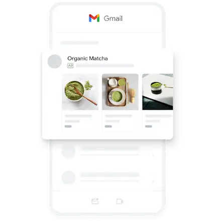 An example of a mobile Demand Gen ad within the Gmail app, featuring several images of organic matcha.