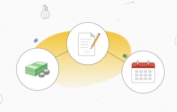 Ilustración de dinero en efectivo, un documento y un calendario para representar los precios flexibles, las condiciones y las programaciones de pagos.