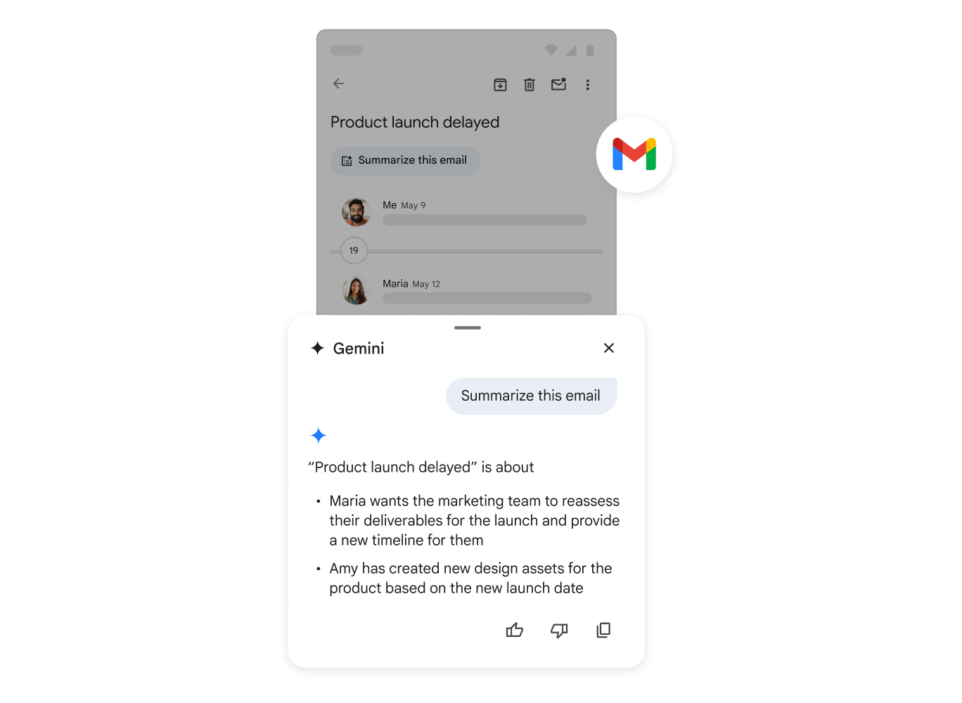 Gemini hjälper någon med att sammanfatta ett e-postmeddelande.