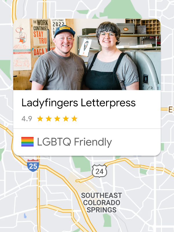 Un mapa con la imagen de un negocio amigable con LGBTQ