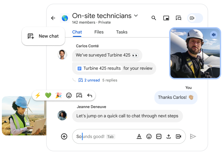 발전소 부지에서 풍력 발전기를 설치 중인 기술자 간 Google Chat 대화와 여러 UI 요소를 보여주는 몽타주