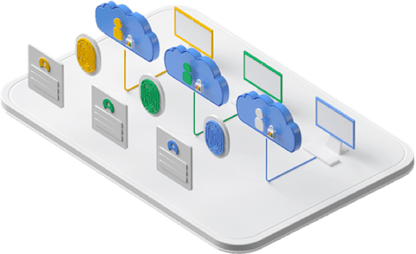 Trois ordinateurs portables sont connectés à trois utilisateurs dans les clouds, avec des cadenas et des clés de sécurité entre eux et des terminaux d'accès