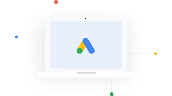 Ilustracija zaslona prenosnika z logotipom programa Google Ads