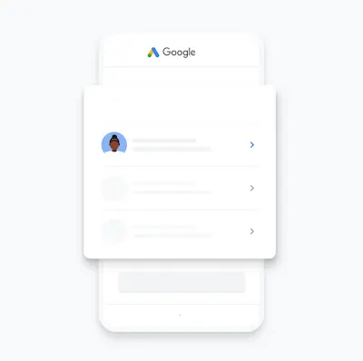 Il·lustració d’un compte de Google Ads que s’ha seleccionat per configurar-lo a l’aplicació mòbil Google Ads.