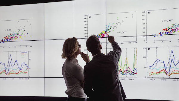 Dos personas mirando pantallas de proyección de datos