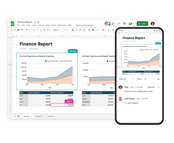 גיליון אלקטרוני ב-Google Sheets שהכותרת שלו היא Finance Report (דוח פיננסי), מוצג על מסך של מחשב נייד וטלפון נייד. 