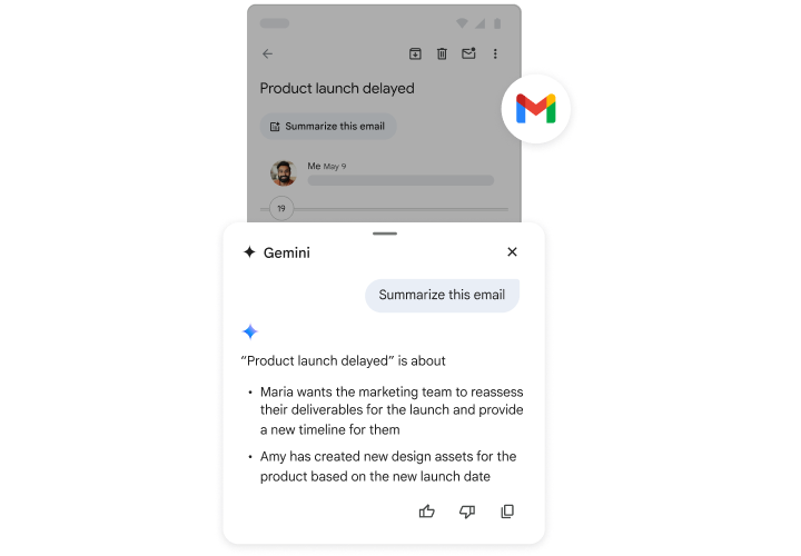 Gemini hjälper någon med att sammanfatta ett e-postmeddelande.