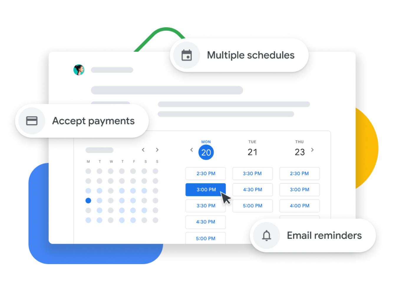 Representación gráfica del Calendario de Google con agenda de citas, que permite a los usuarios aceptar pagos, verificar información con los clientes y enviar recordatorios por correo electrónico.