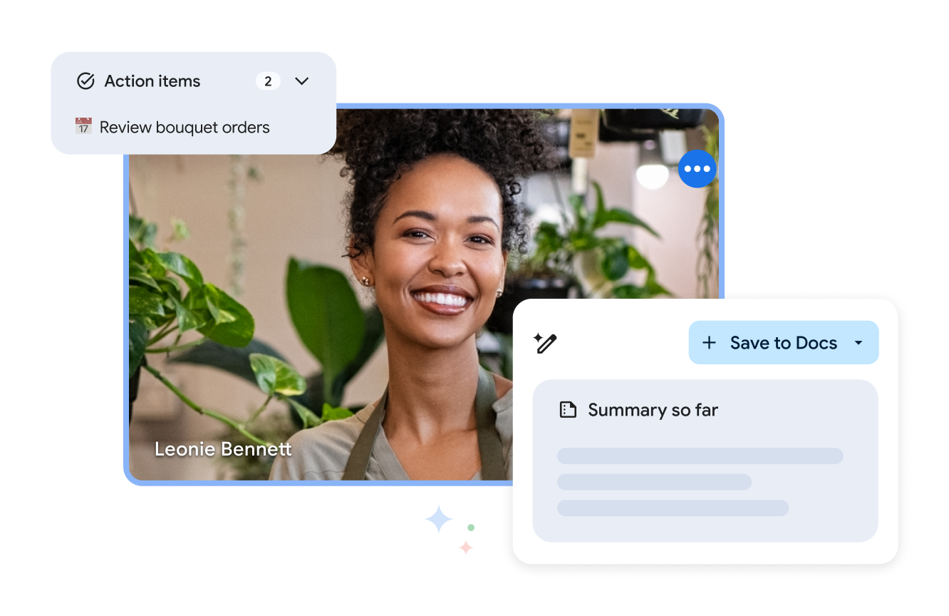 Một nhân viên sử dụng Gemini để tạo tài liệu tóm tắt cho một mục hành động trong Lịch.