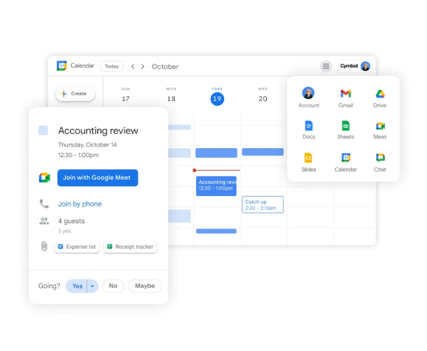 Google Workspace ‑tilaus sisältää Google Meetin, Chatin, Driven, Docsin, Sheetsin ja Slidesin. 