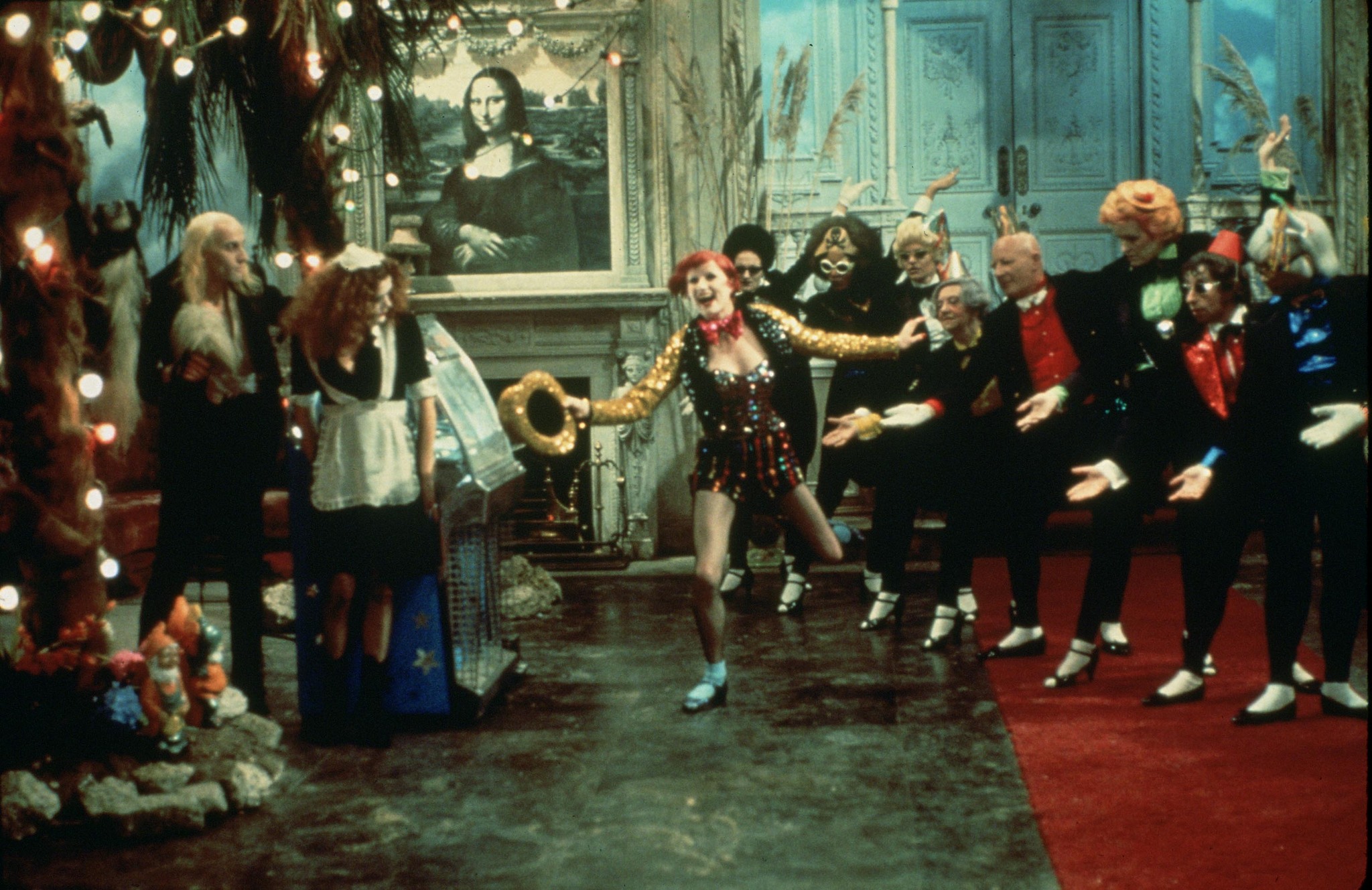 Christopher Biggins, Nell Campbell, Imogen Claire, Tony Cowan, Peggy Ledger, Annabel Leventon, Richard O'Brien, Patricia Quinn, and Tony Then in The Rocky Horror Picture Show (1975)