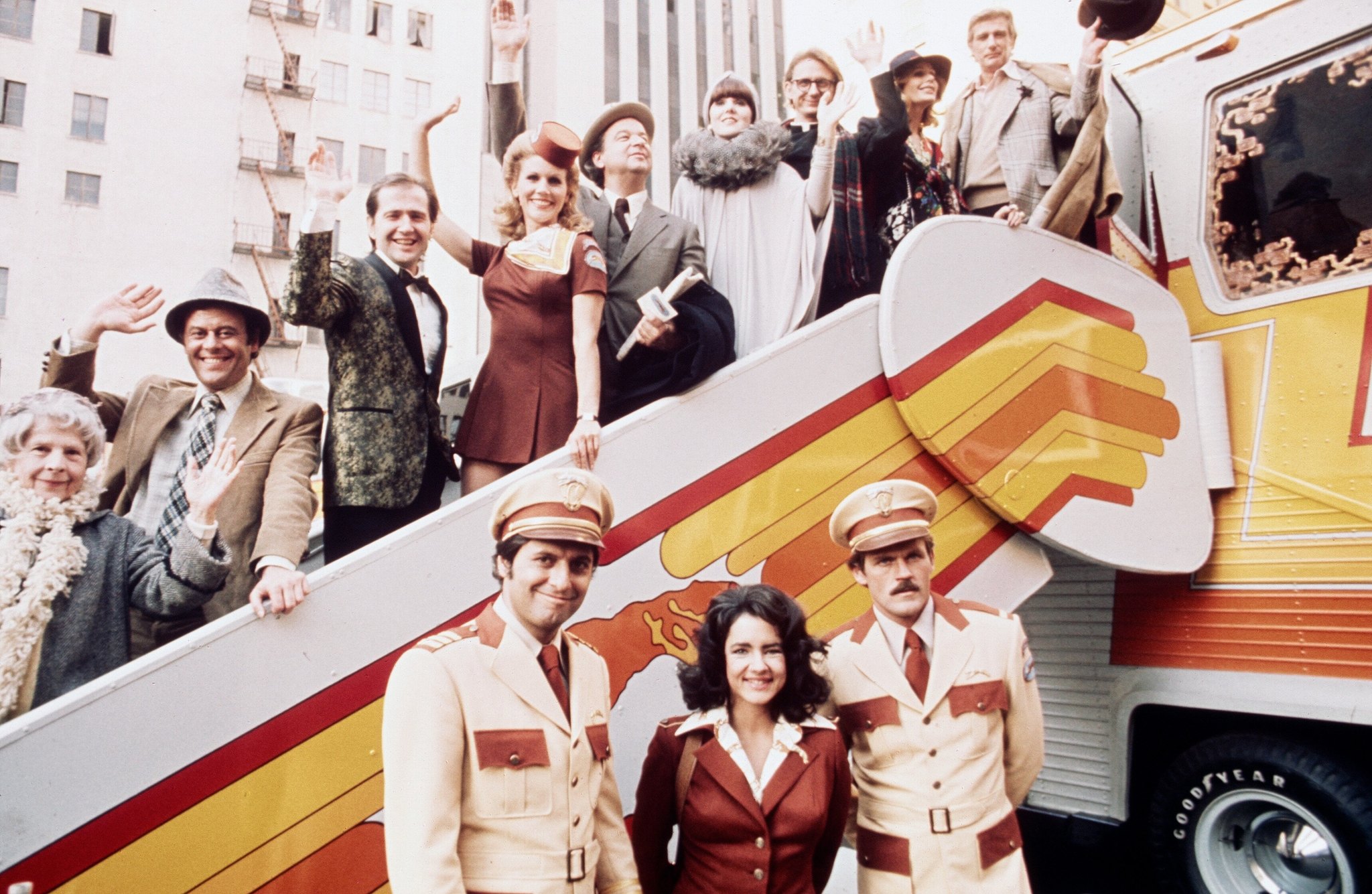 Stockard Channing, Sally Kellerman, Lynn Redgrave, Ruth Gordon, Joseph Bologna, Rene Auberjonois, John Beck, Bob Dishy, Murphy Dunne, Richard Mulligan, Richard B. Shull, and Mary Wilcox in The Big Bus (1976)