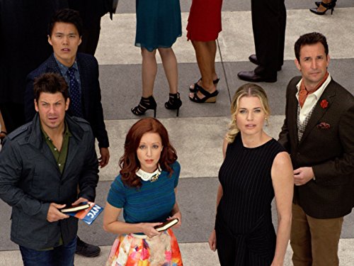 Noah Wyle, Rebecca Romijn, Lindy Booth, Christian Kane, and John Kim in The Librarians (2014)