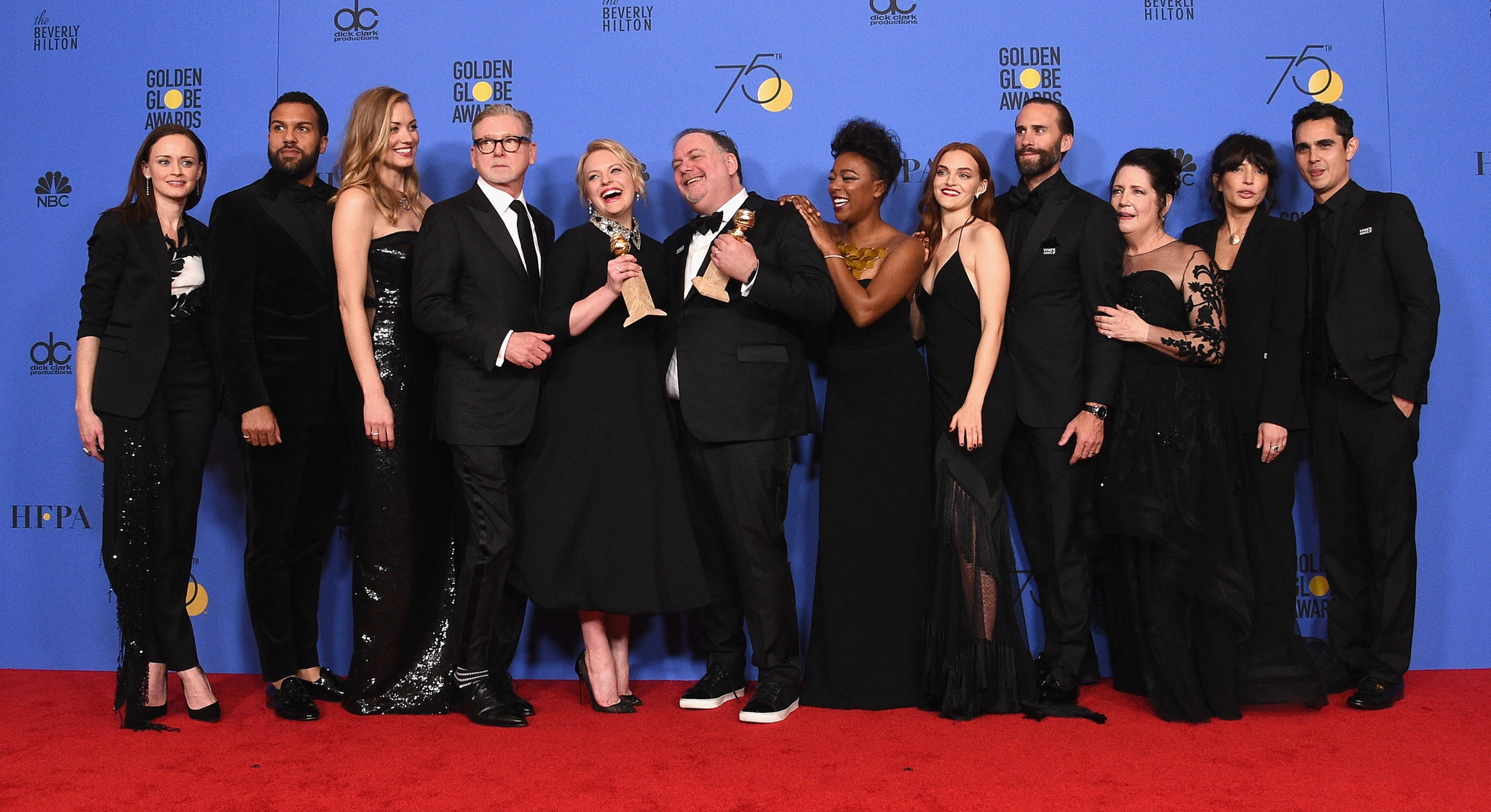 Joseph Fiennes, Elisabeth Moss, Alexis Bledel, Ann Dowd, Warren Littlefield, Bruce Miller, O-T Fagbenle, Max Minghella, Reed Morano, Yvonne Strahovski, Samira Wiley, and Madeline Brewer at an event for 75th Golden Globe Awards (2018)