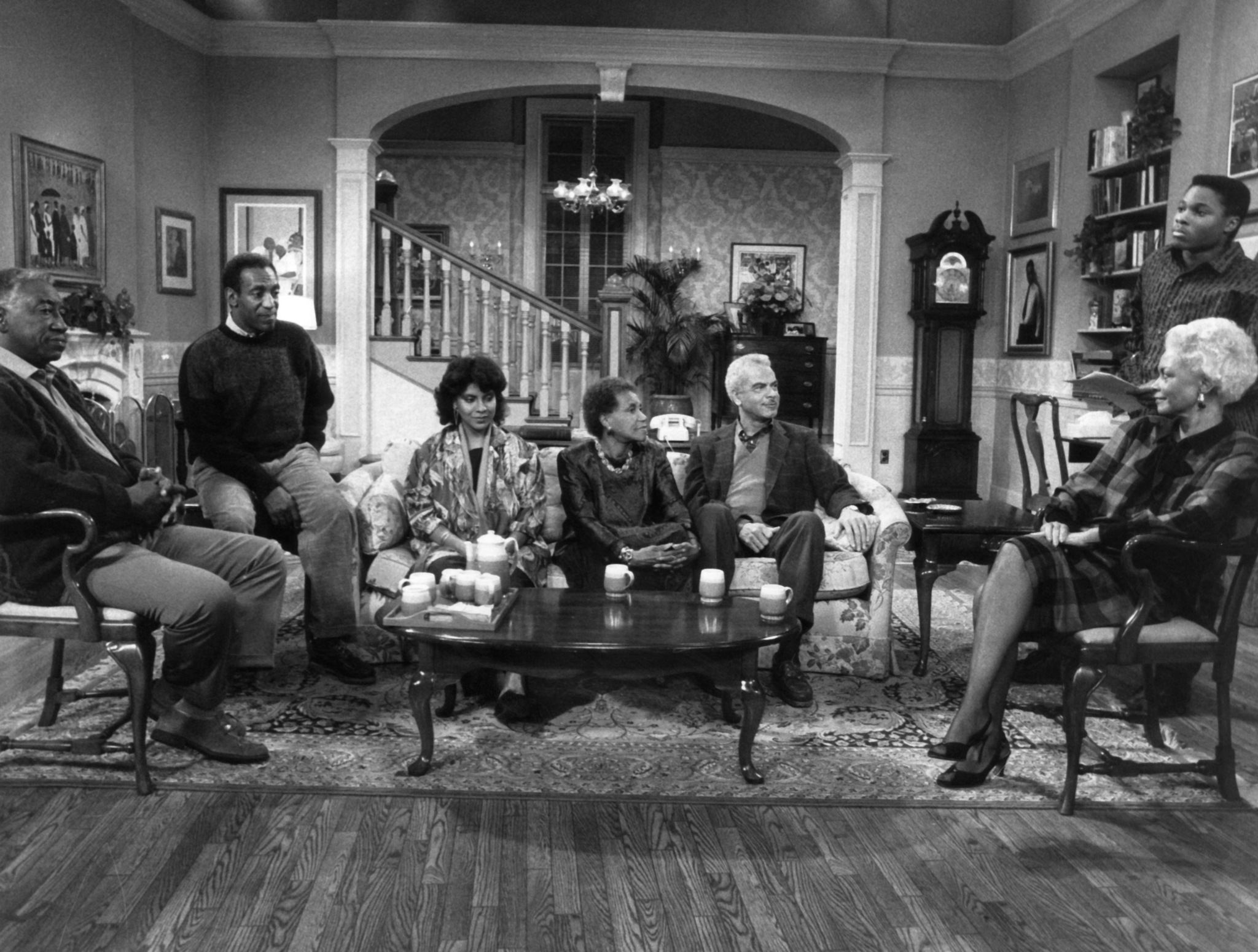 Bill Cosby, Ethel Ayler, Earle Hyman, Phylicia Rashad, Clarice Taylor, Malcolm-Jamal Warner, and Joe Williams in The Cosby Show (1984)