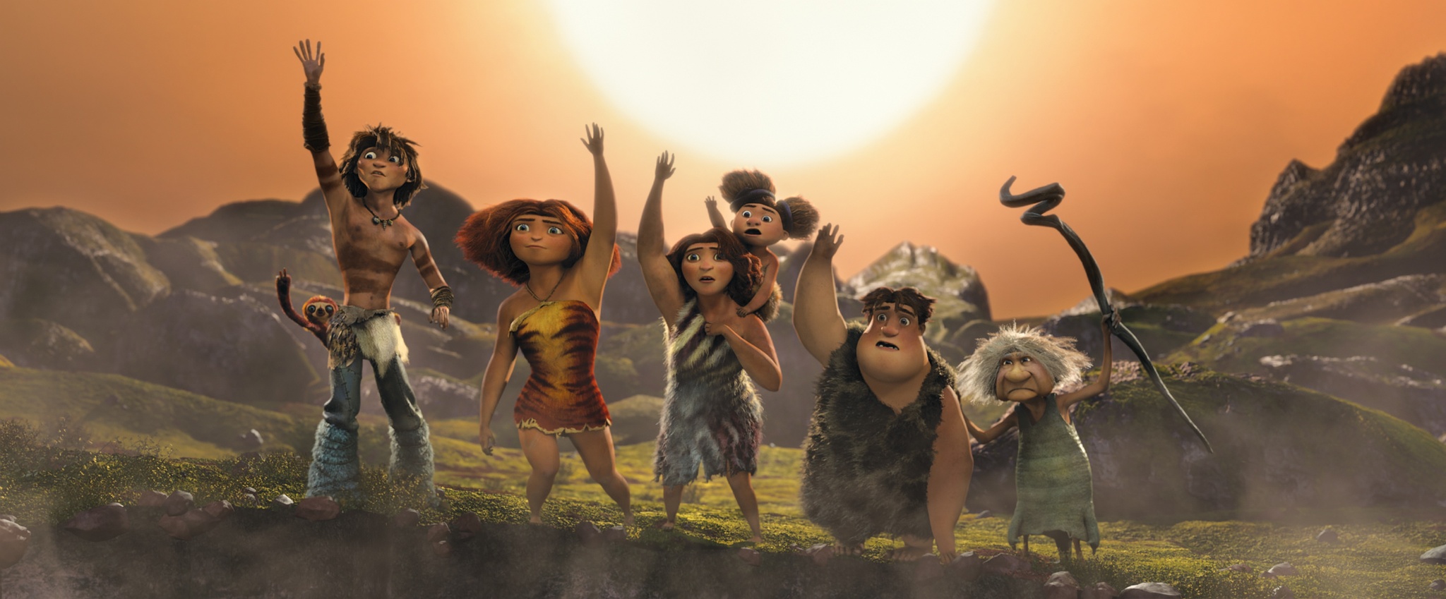 Catherine Keener, Cloris Leachman, Ryan Reynolds, Clark Duke, Chris Sanders, Randy Thom, and Emma Stone in The Croods (2013)