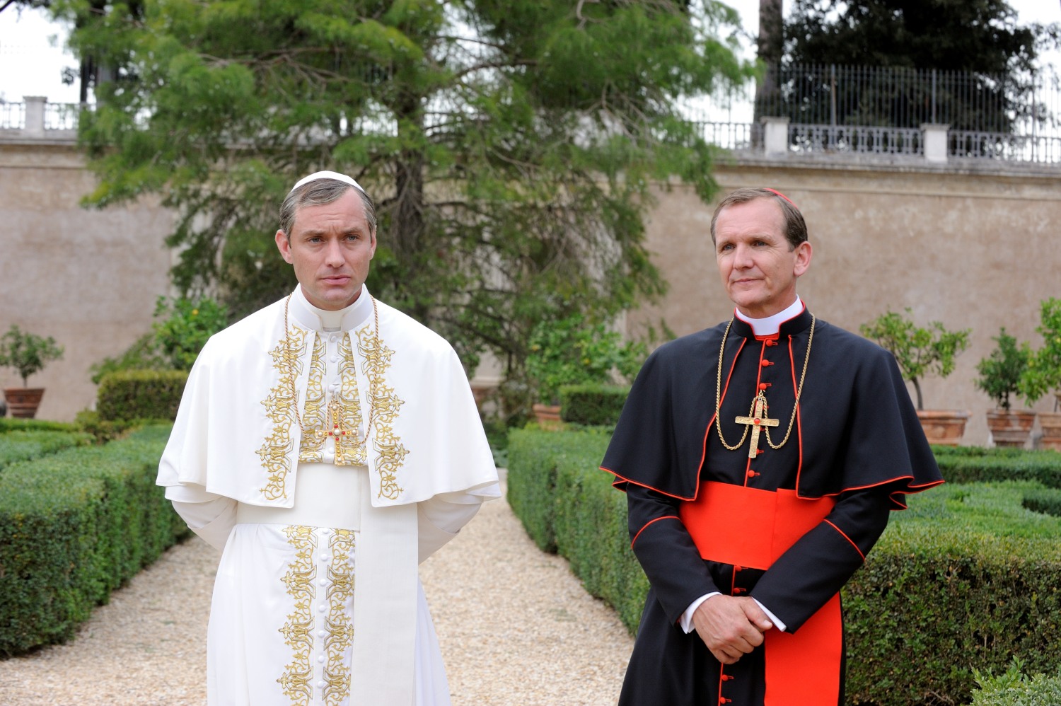 Jude Law and Sebastian Roché in The Young Pope (2016)