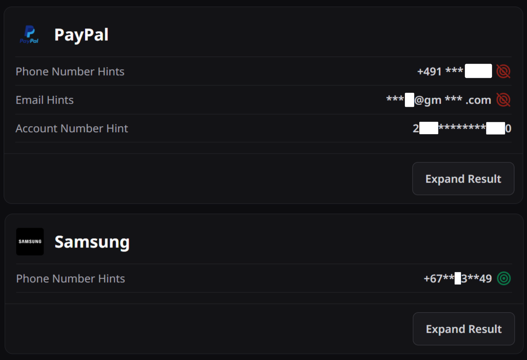 A screenshot of a UI showing two heavily redacted online accounts, one for paypal and one for samsung, both of them have a linked phone number, one of which starts with  49 (germany) and the other of which starts with  679 (fiji)