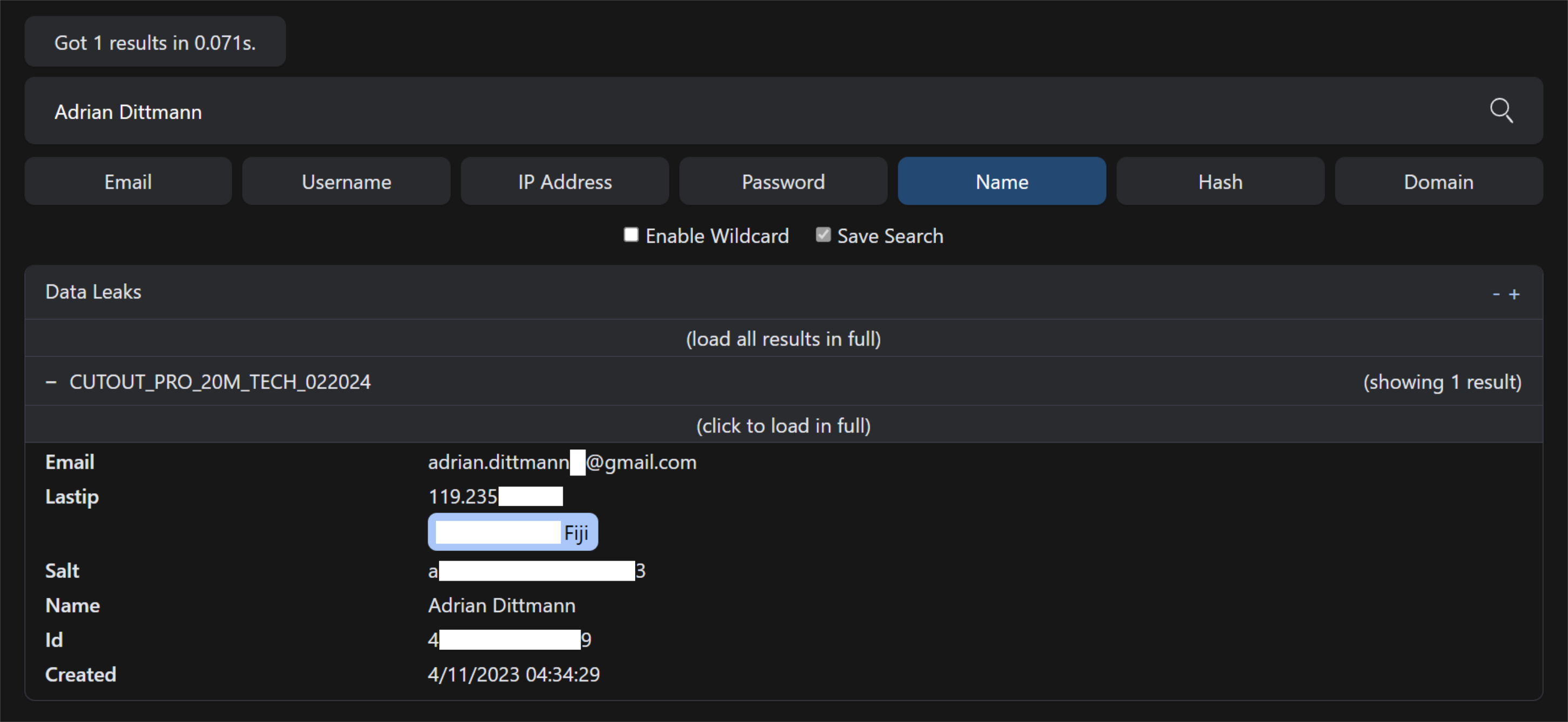 A screenshot of a search ui, the search is filtered to "name" with the search term being "Adrian Dittmann" there is one result in the cutout.pro dataleak showing an email that starts in adrian.dittmann and ends in @gmail.com, the IP location is fiji