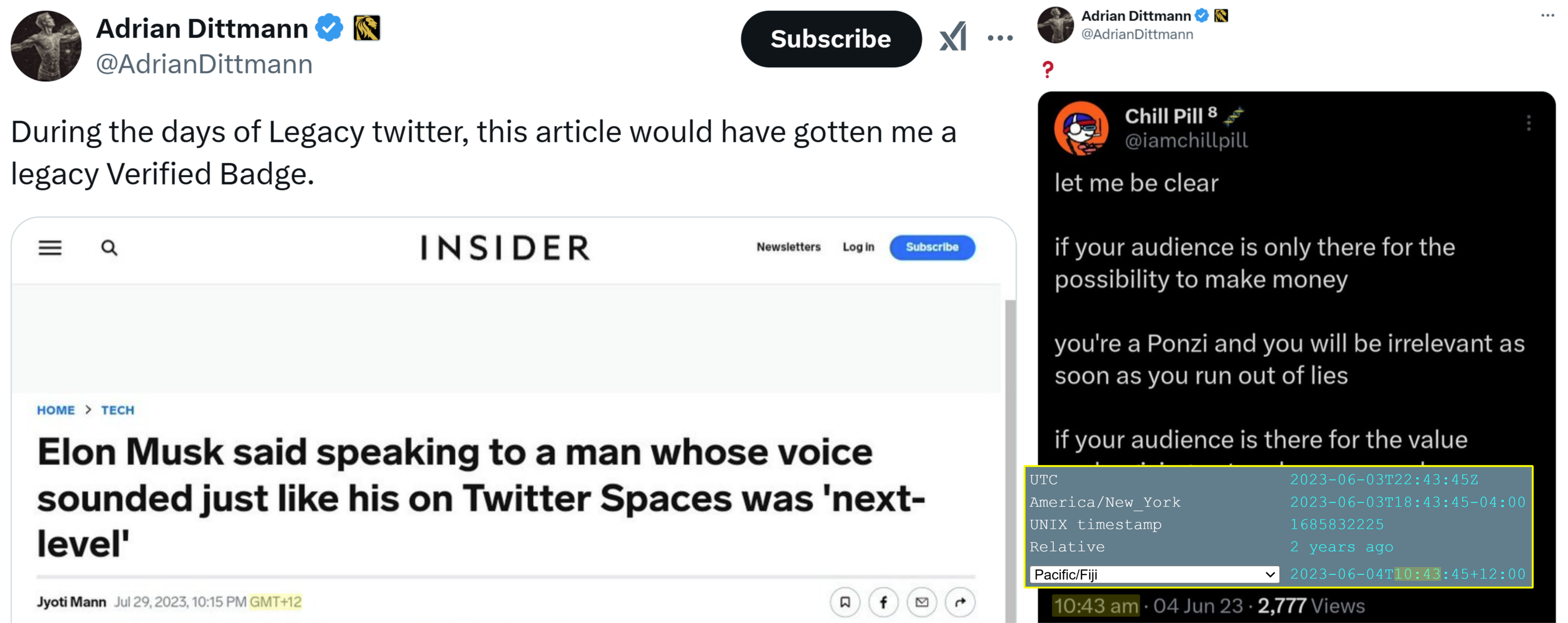 Two tweet screenshots side by side, both of them are posted by adrian dittmann. The post on the left includes a screenshot of a business insider article with the post time localized to GMT 12. the Post on the right shows a screenshot of a tweet with a timestamp showing it was posted at 10:43 on june 4 2023, which matches what the tweet would look like in the fiji timezone.