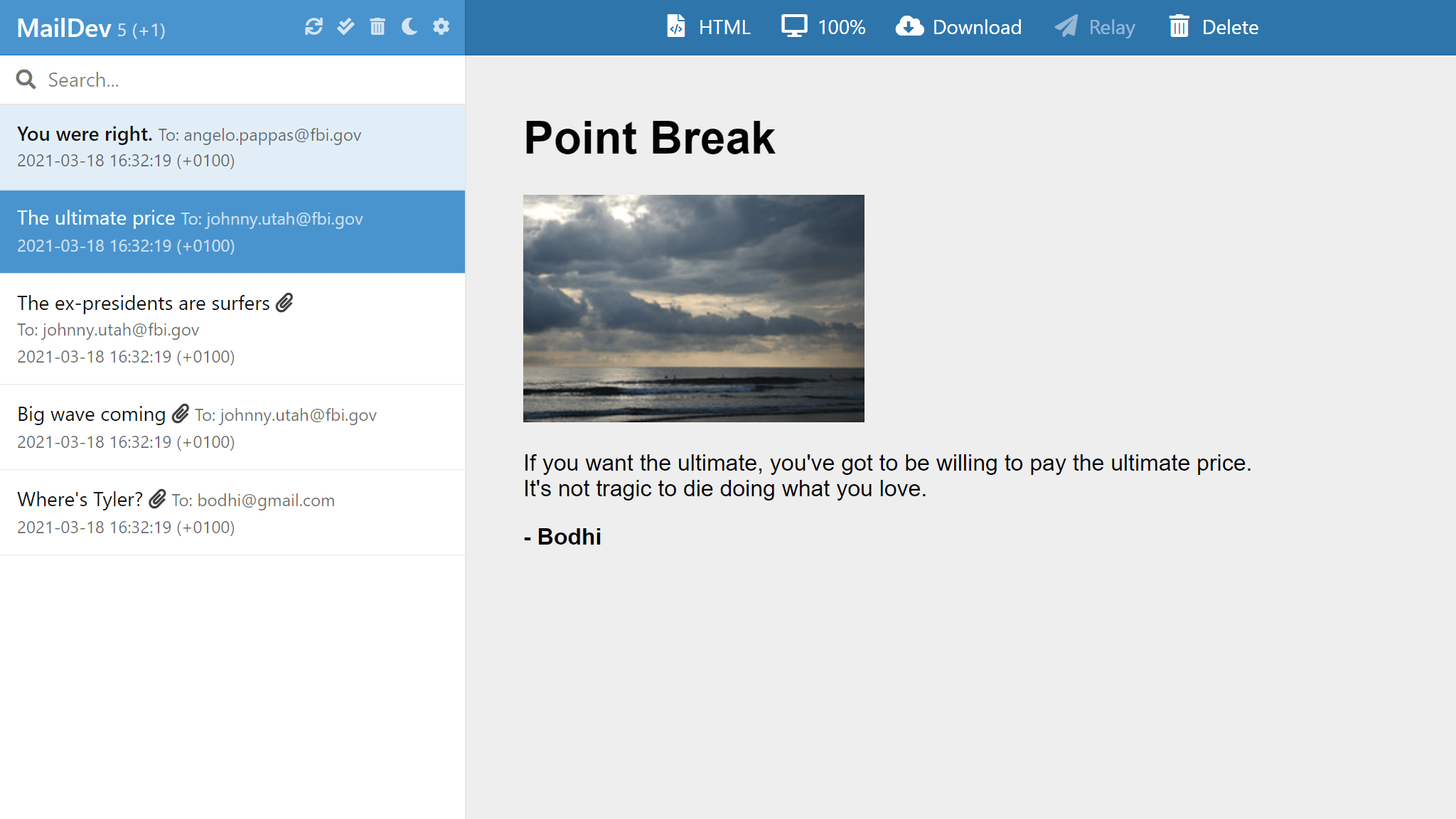 MailDev light theme interface screenshot