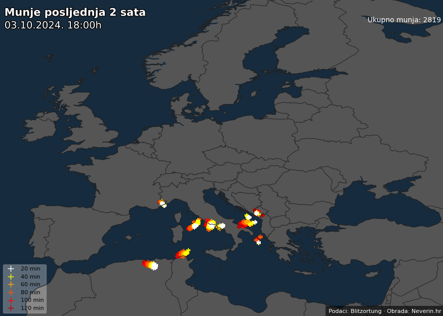 Pojava munja u Europi u posljednja 2 sata