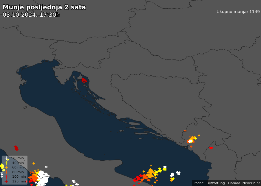 Pojava munja u Hrvatskoj u posljednja 2 sata