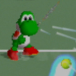 Yoshi charging a left-handed forehead shot in Mario Tennis